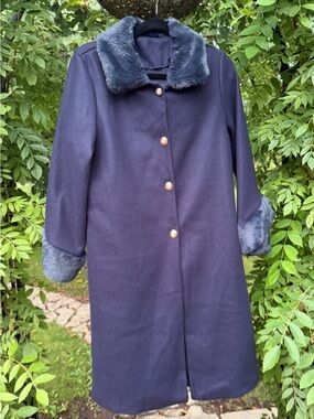 Women's NavyTrench Coat with Faux-Fur Trim